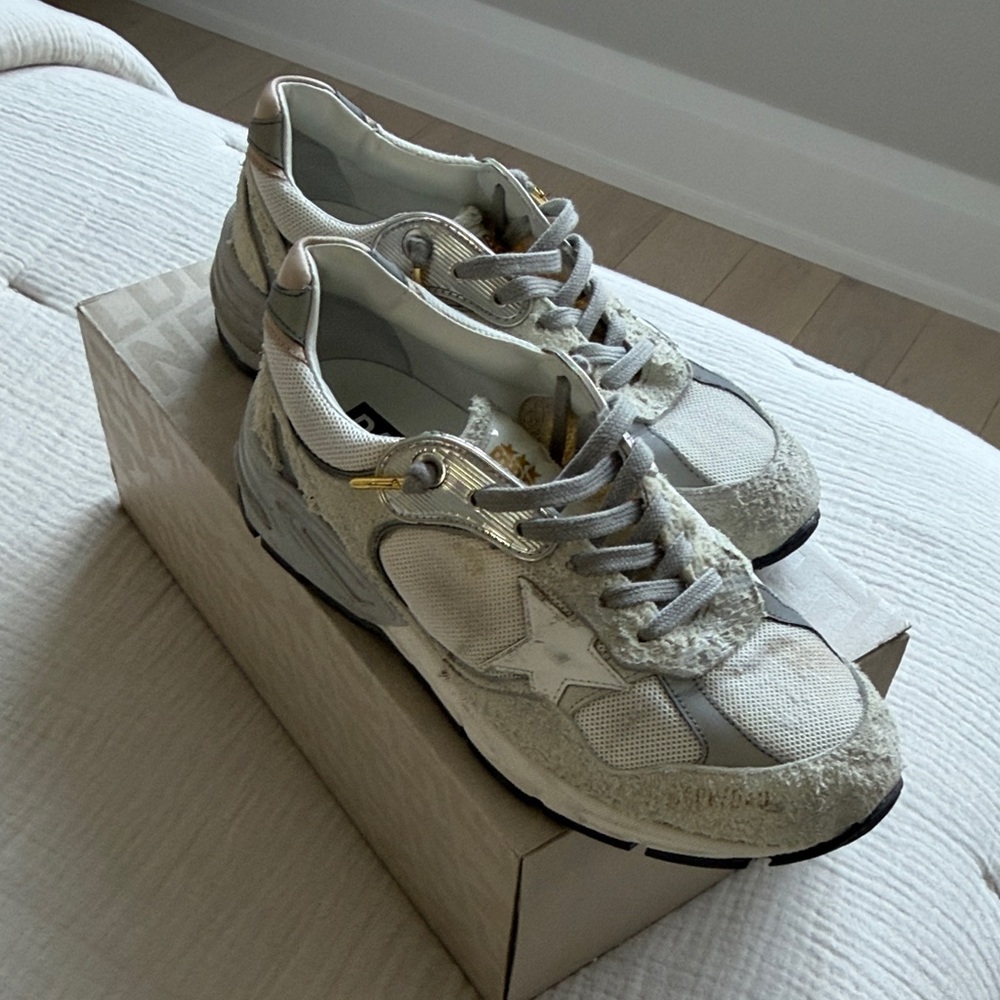Golden Goose Dad Stars Cream and Gray with Gold Sneaker